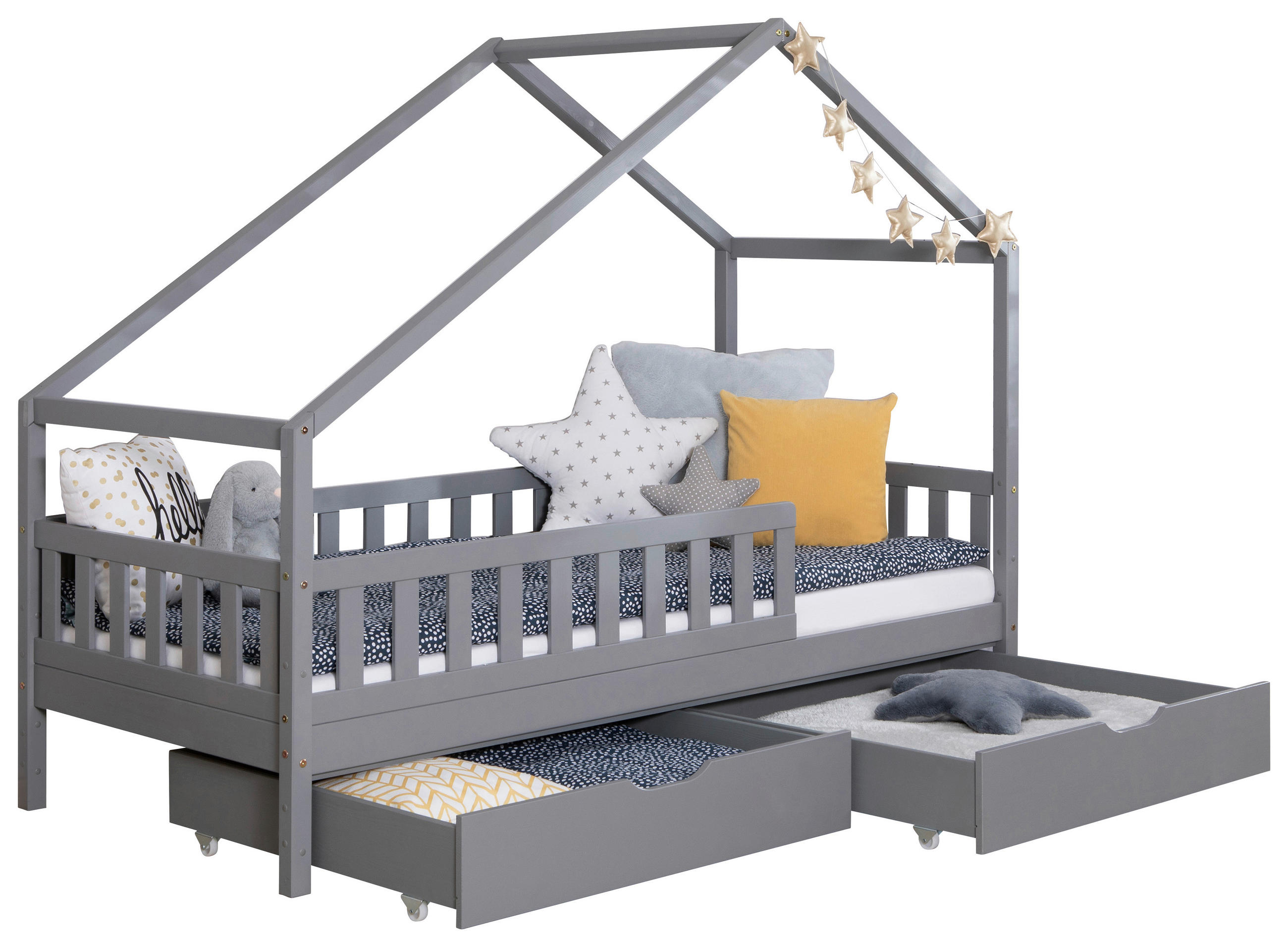 Thumbnail - Mid.you Hausbett, Hellgrau, Textil, Birke,Kiefer, Schichtholz,massiv, H2, Höhe ca. 12 cm, 100x200 cm, nur für Rollroste ...