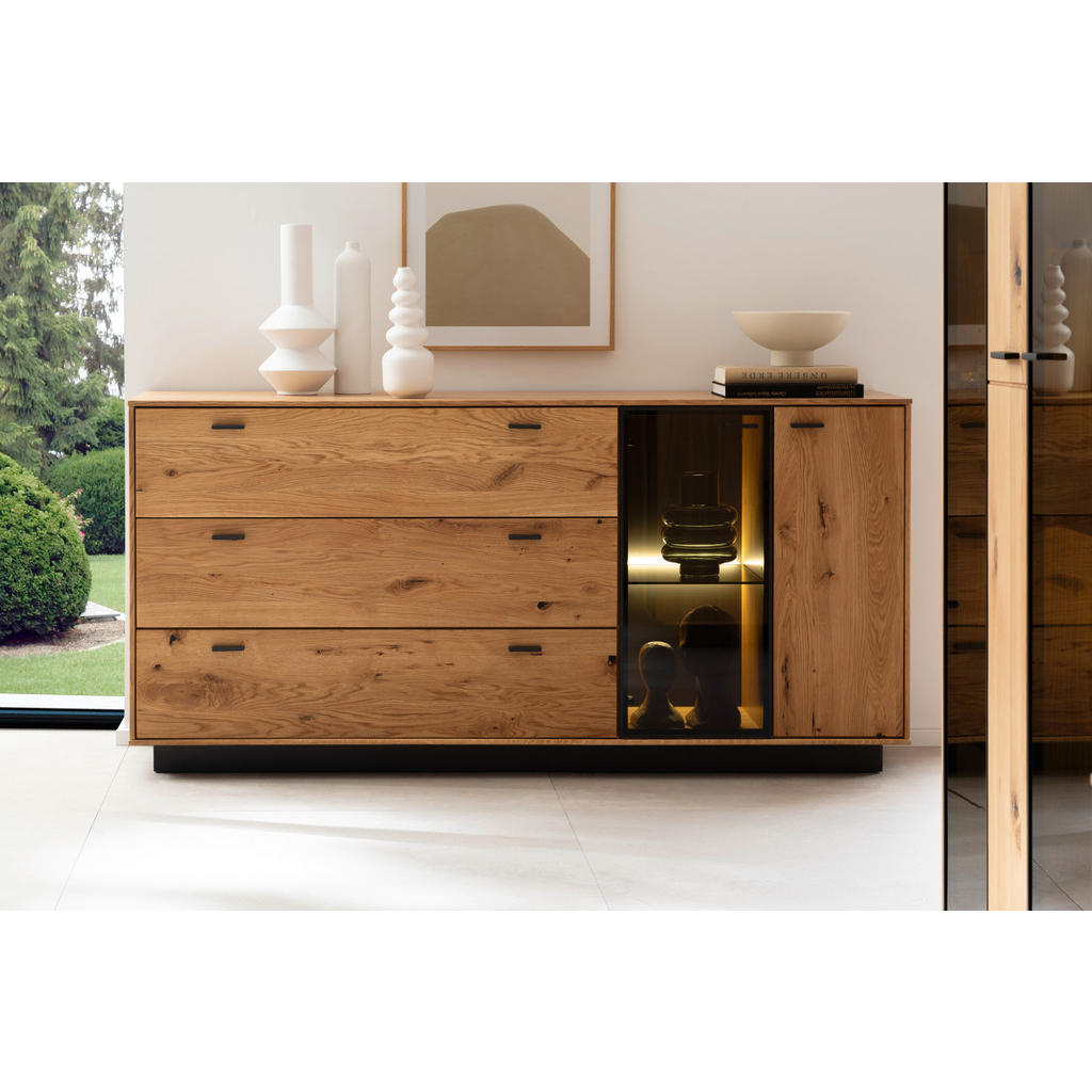 Thumbnail - Linea Natura Sideboard, Anthrazit, Eiche, Glas, Holzwerkstoff, Balkeneiche, furniert, massiv, 2 Fächer, 3 Schubladen, 17...