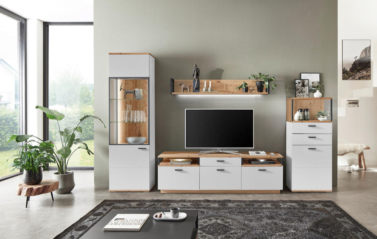 WOHNWAND  in Weiss, Eiche Artisan 320/206/50 cm  - Weiss/Schwarz, Design, Glas/Holzwerkstoff (320/206/50cm) - Stylife