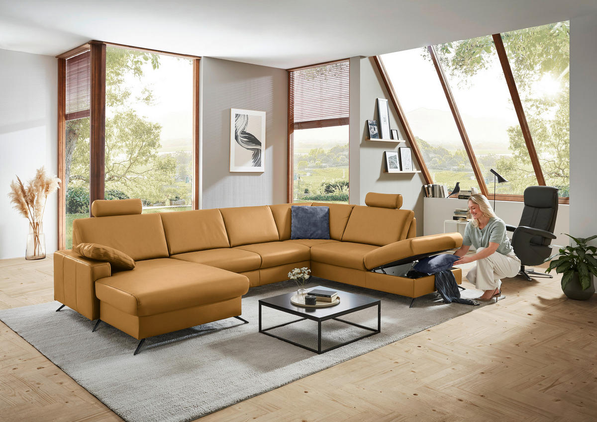 WOHNLANDSCHAFT in Echtleder Currygelb  - Currygelb/Schwarz, Design, Leder/Metall (165/339/233cm) - Beldomo Premium