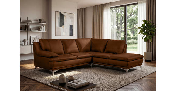 ECKSOFA Cognac Echtleder  - Chromfarben/Cognac, Design, Leder/Metall (242/224cm) - Novel