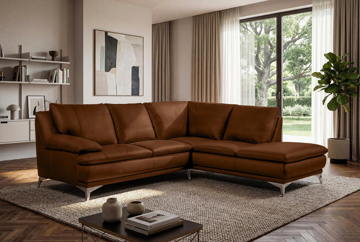 ECKSOFA Cognac Echtleder  - Chromfarben/Cognac, Design, Leder/Metall (242/224cm) - Novel