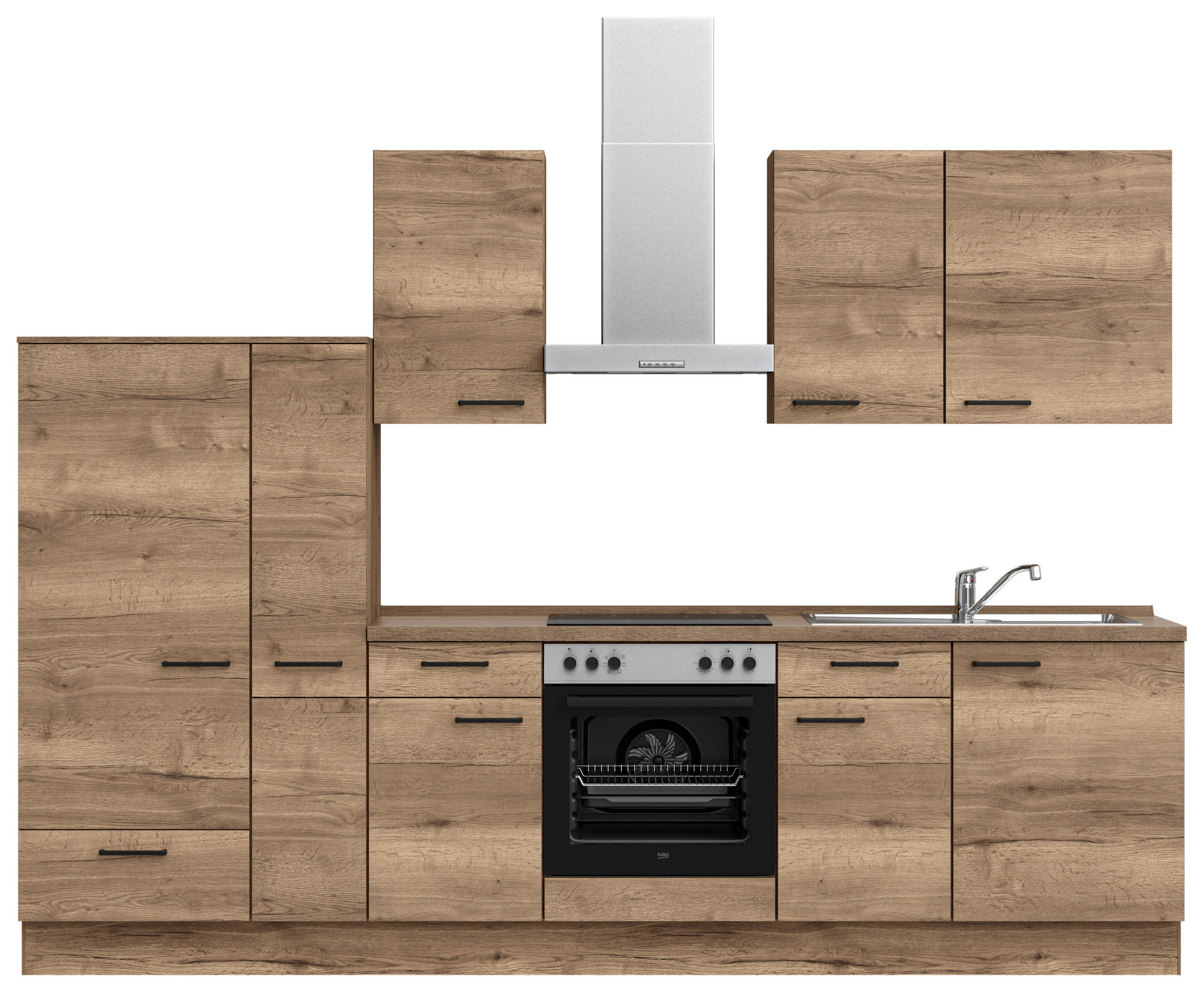 KÜCHENBLOCK 300 cm   in Eiche dunkel  - Eiche dunkel/Eichefarben, MODERN, Holzwerkstoff/Metall (300cm) - Nobilia