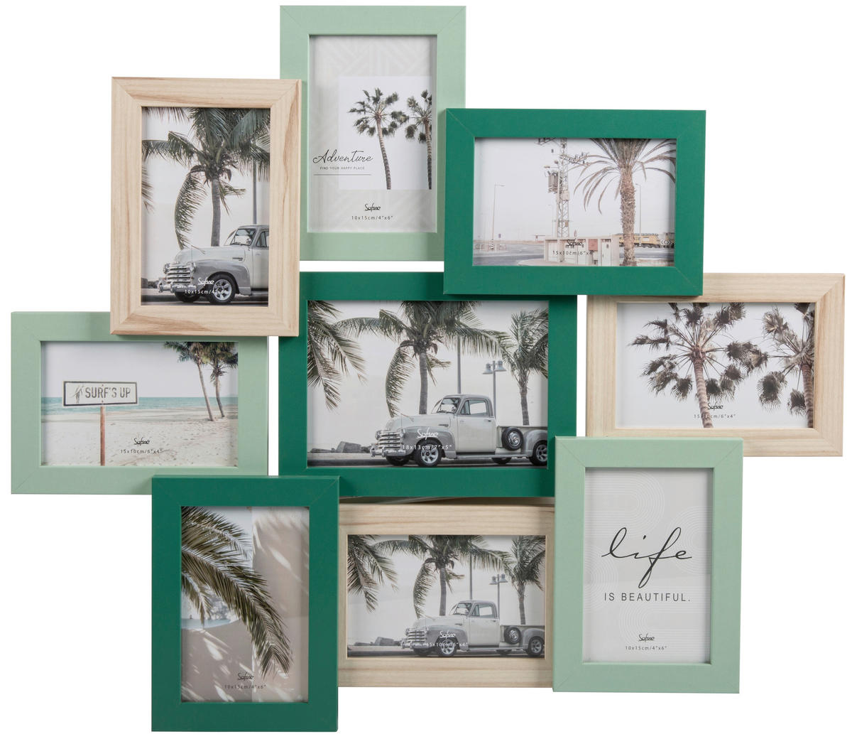 MULTIRAHMEN in Naturfarben, Dunkelgrün, Hellgrün  - Dunkelgrün/Naturfarben, Basics, Glas/Papier (58,8/51,6/2,4cm) - Monee