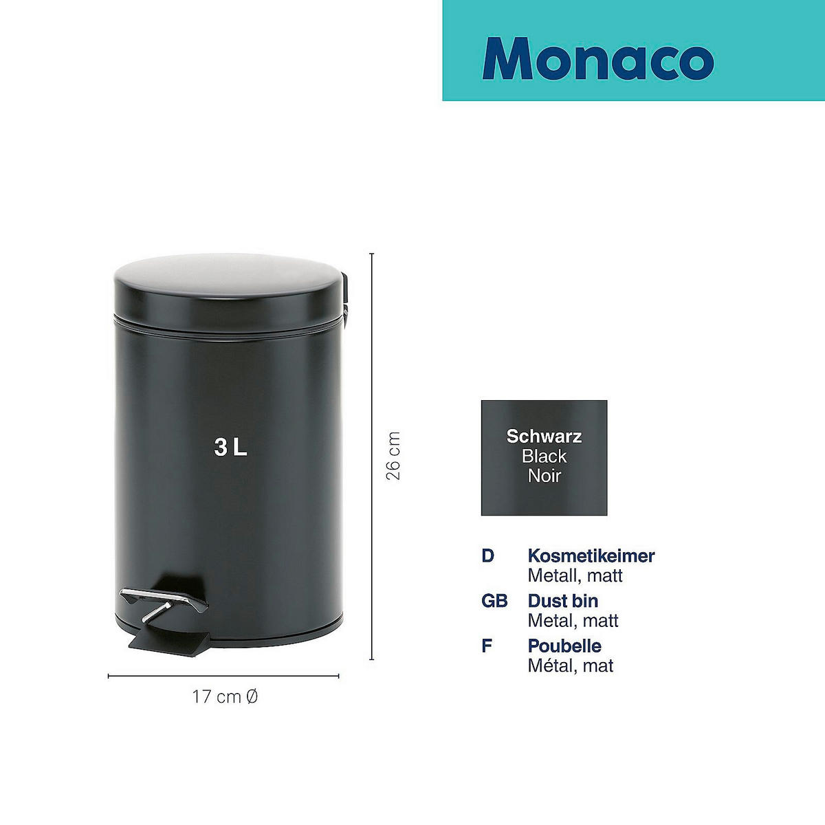 KOSMETIKEIMER MONACO 3 L  - Schwarz, Basics, Kunststoff/Metall (17/26cm) - Kela