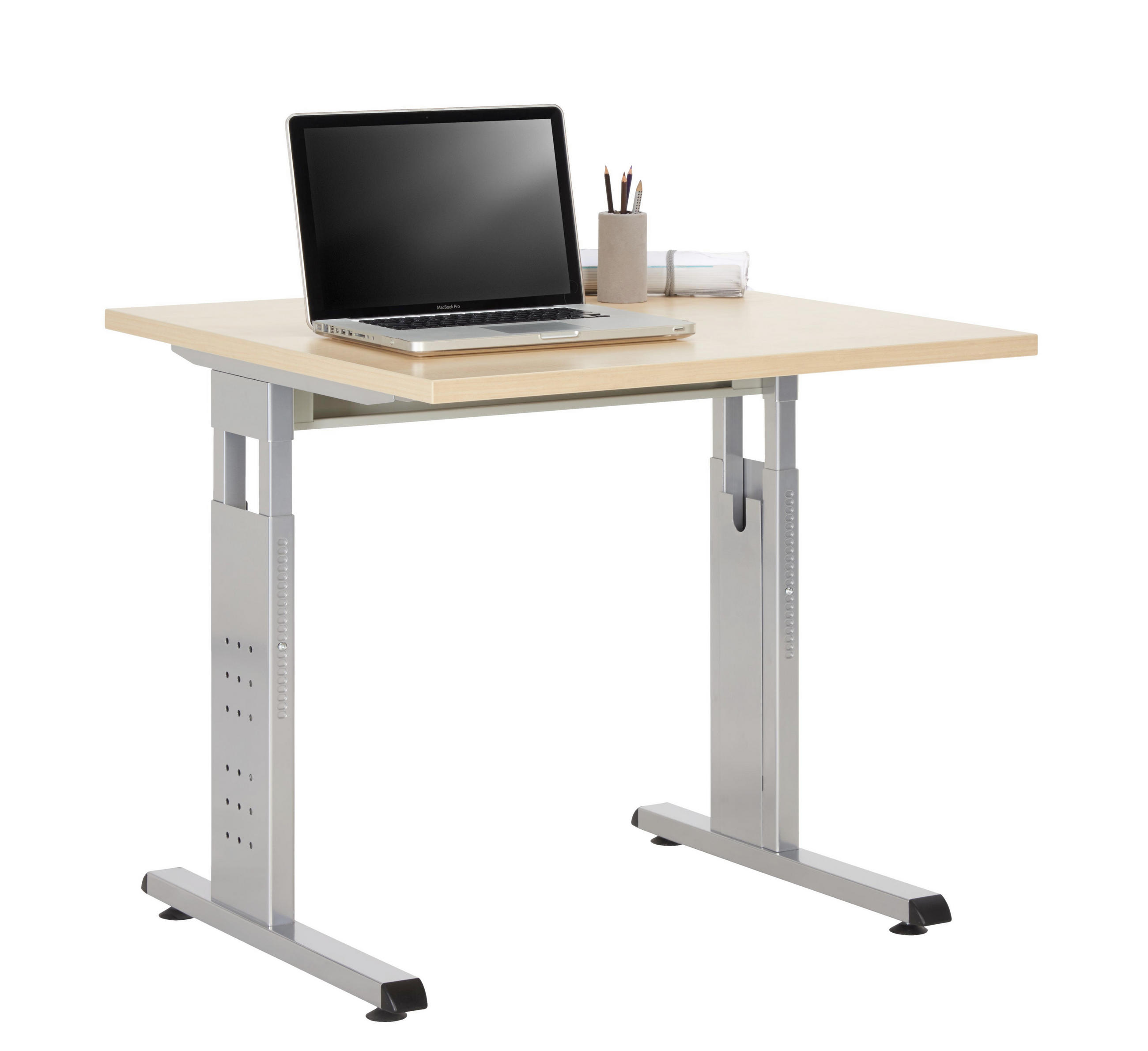 Schreibtisch 80/80/65(85) cm in Silberfarben, Ahornfarben