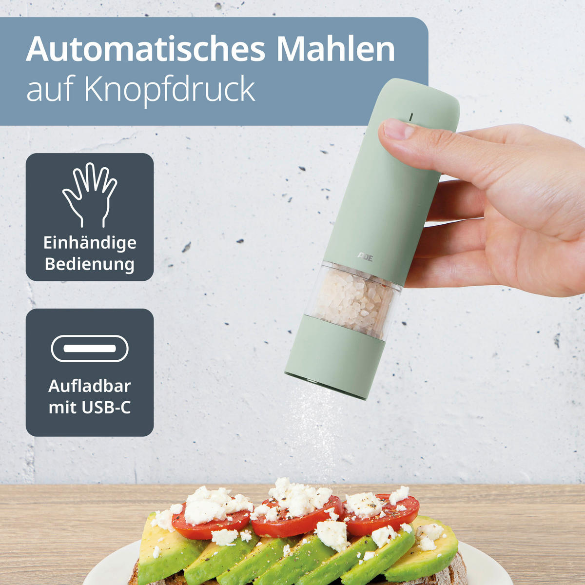 ELEKTR. SALZ-/PFEFFERMÜHLE  - Salbeigrün, Basics, Kunststoff/Metall (3,8/3,8/14cm) - ADE