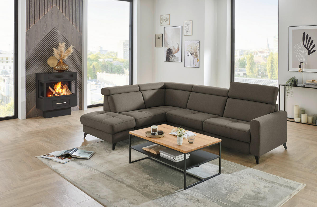 ECKSOFA Beldomo System in Flachgewebe Dunkelbraun Kopfteilverstellung  214/276 cm  - Dunkelbraun/Schwarz, KONVENTIONELL, Textil/Metall (214/276cm) - Beldomo System