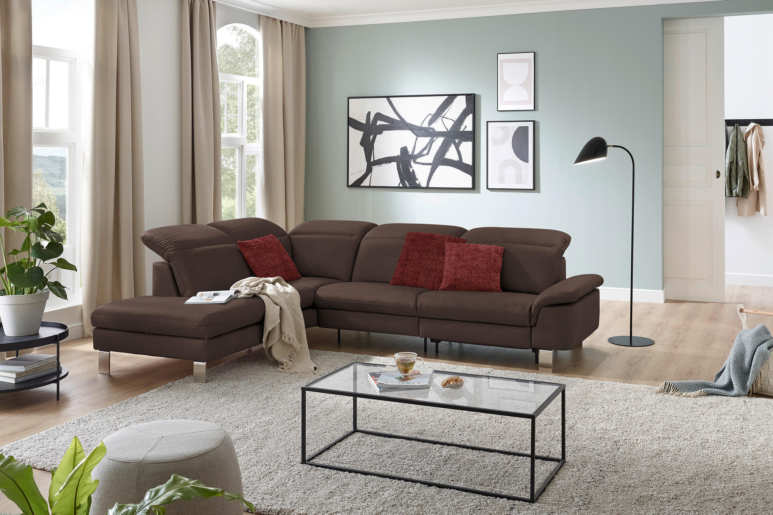 ECKSOFA in Echtleder Dunkelbraun  - Edelstahlfarben/Dunkelbraun, Design, Leder/Metall (233/309cm) - Dieter Knoll