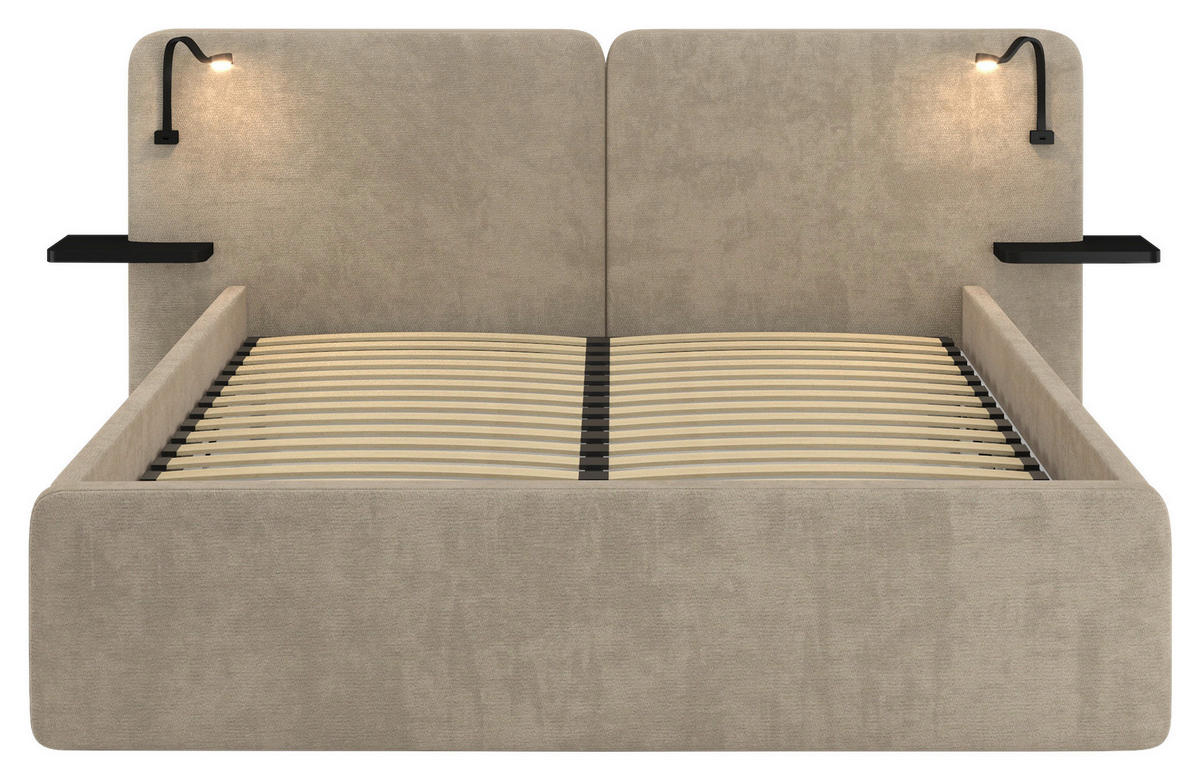 POLSTERBETT 180/200 cm,  in Beige, gepolstertes Kopfteil, Beleuchtung, Lattenrost, H2 + H3 = mittel + fest  - Beige/Schwarz, MODERN, Kunststoff/Textil (180/200cm) - Chameo