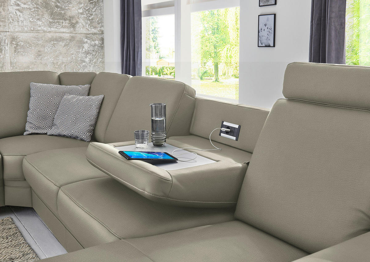 WOHNLANDSCHAFT Echtleder Platinfarben  - Platinfarben/Alufarben, Konventionell, Leder/Metall (239/329/165cm) - Beldomo Premium