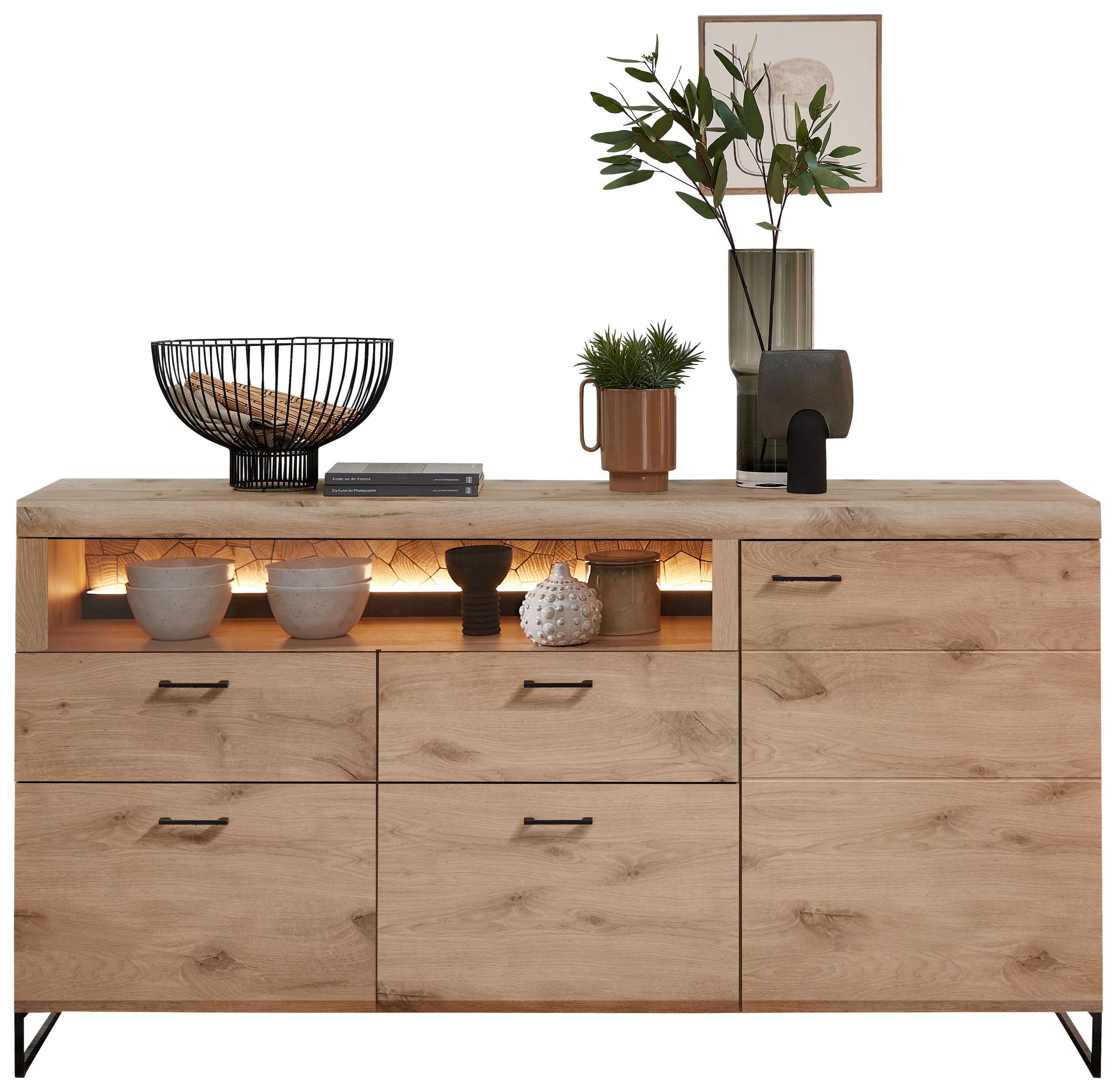 SIDEBOARD Schwarz, Eichefarben Beleuchtung, Einlegeböden - Eichefarben/Schwarz, KONVENTIONELL, Holzwerkstoff/Metall (180/96/48cm) - Stylife