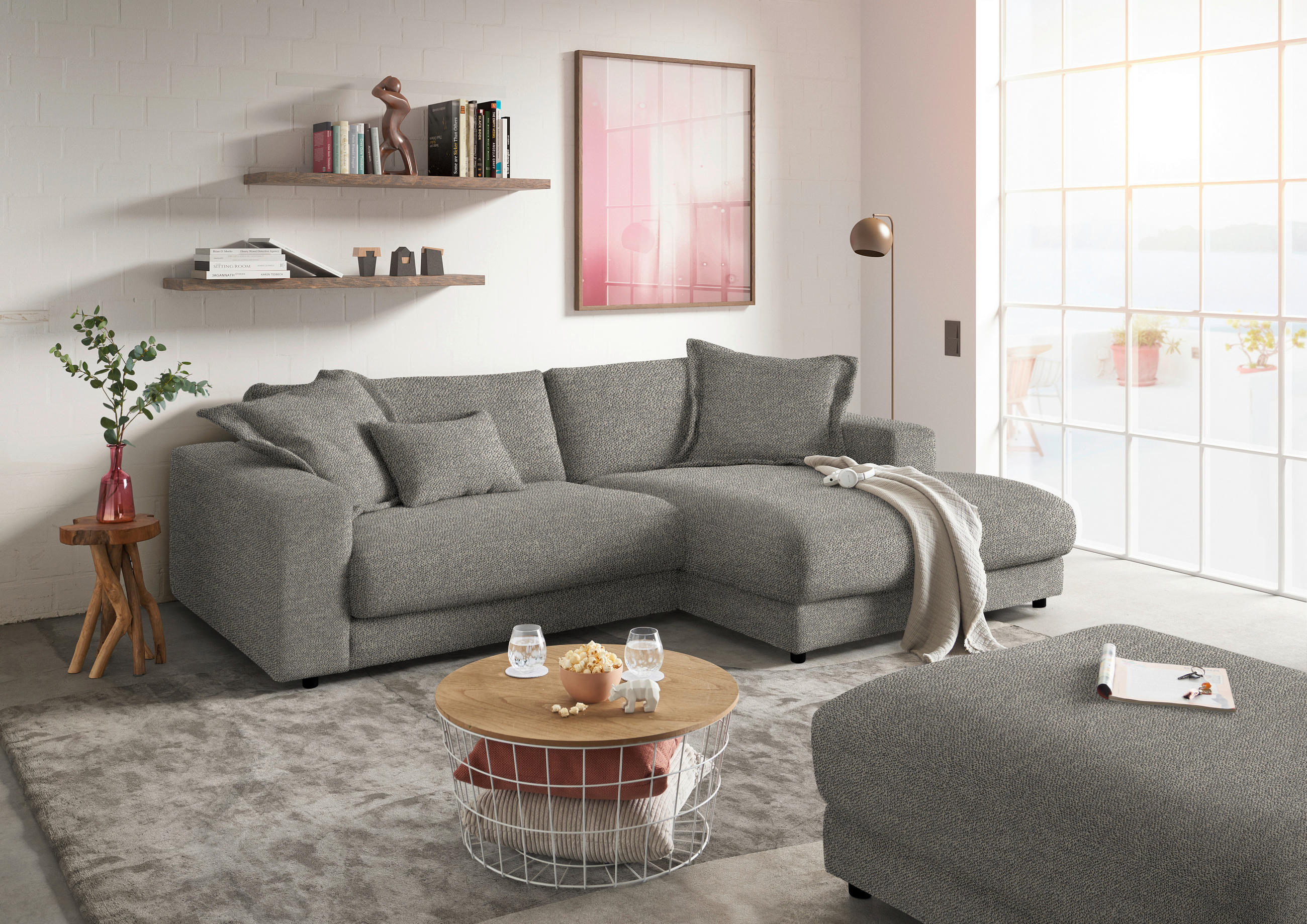 ECKSOFA in Flachgewebe Graubraun  - Graubraun/Schwarz, Design, Kunststoff/Textil (270/190cm) - Lomoco