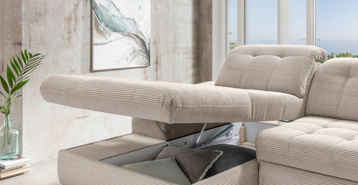 ECKSCHLAFSOFA  mit seitenverkehrt erhältlich, Rücken echt, Armteil links, Armteil rechts Cord Beige  - Beige/Schwarz, MODERN, Textil/Metall (189/273cm) - Livetastic