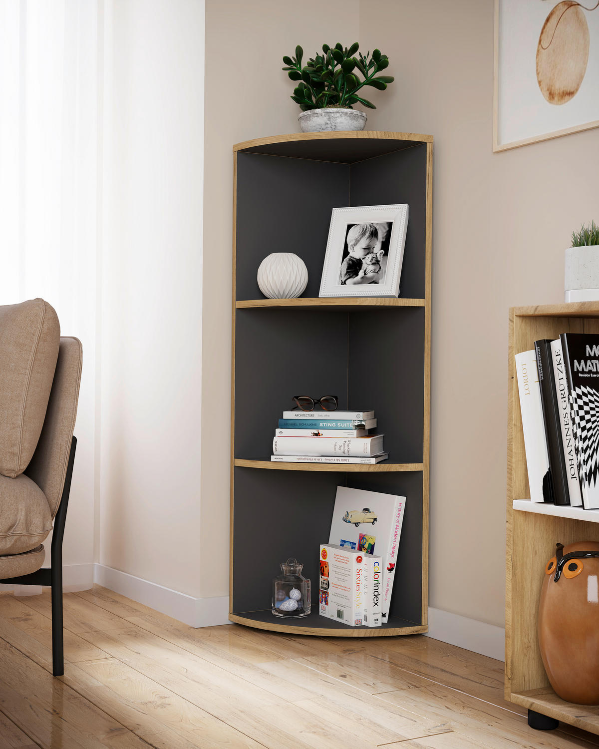 Etajeră De Colț 33/110/33 cm, antracit, stejar miere,  - stejar miere/antracit, Design, plastic/material pe bază de lemn (33/110/33cm) - Livetastic