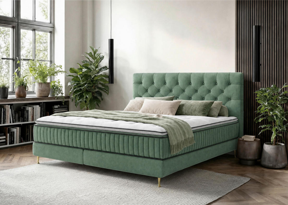 BOXSPRINGBETT 180/200 cm,  in Dunkelgrün, Matratze, gepolstertes Kopfteil, Topper,  - Dunkelgrün/Goldfarben, Design, Textil/Metall (180/200cm) - Boxxx