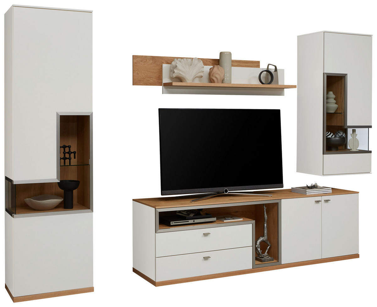 WOHNWAND  in Weiß, Eichefarben  290/218,3/52 cm   - Edelstahlfarben/Eichefarben, Design, Glas/Holz (290/218,3/52cm) - Dieter Knoll