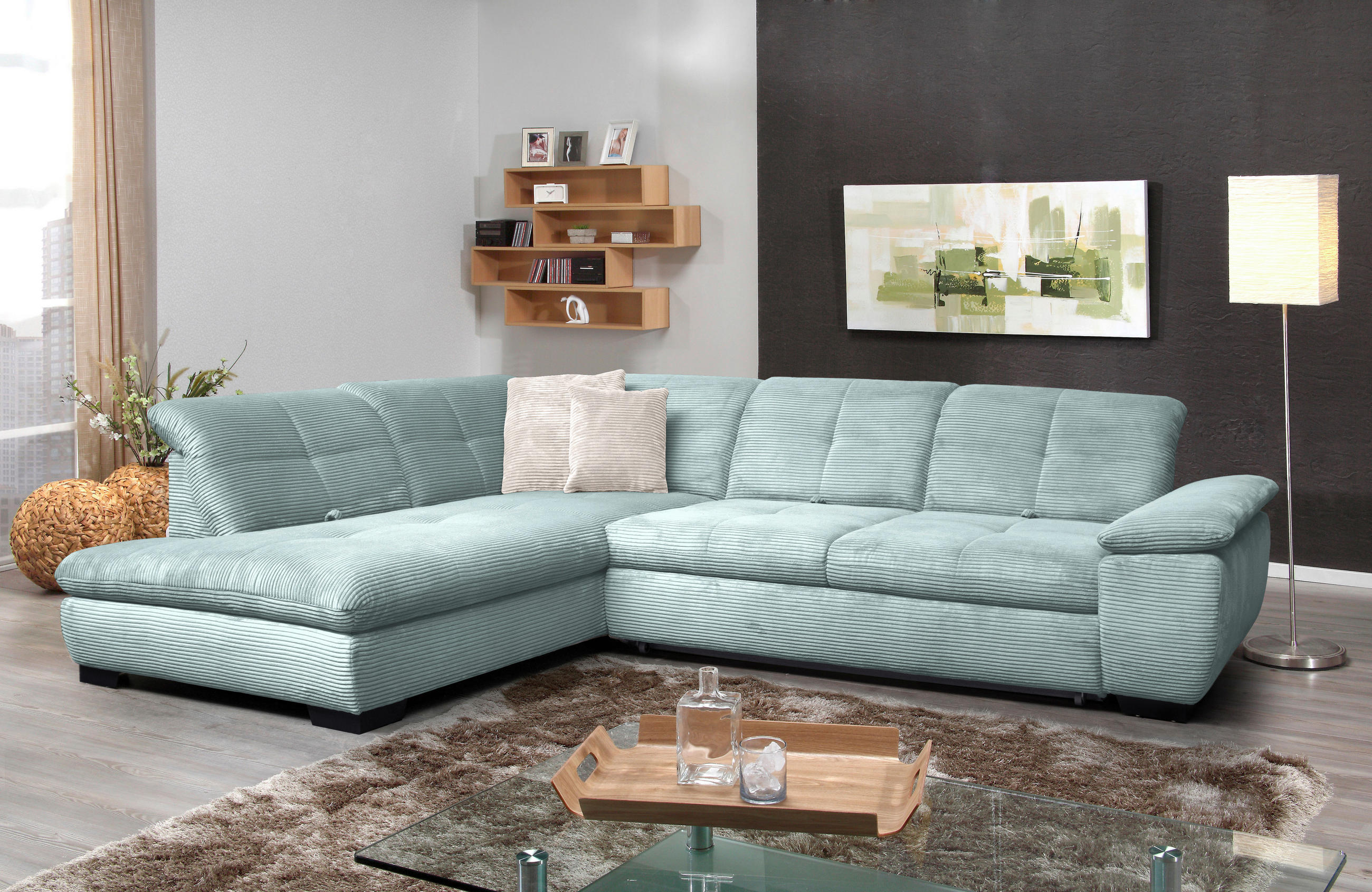 ECKSOFA in Cord Pastellblau  - Pastellblau/Schwarz, Design, Textil/Metall (242/313cm) - Xora