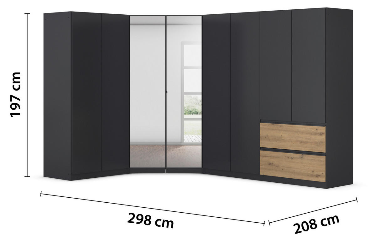 ECKKLEIDERSCHRANK 208/197/298 cm Grau, Eiche Artisan  - Chromfarben/Eiche Artisan, MODERN, Holzwerkstoff (208/197/298cm) - Rauch Möbel