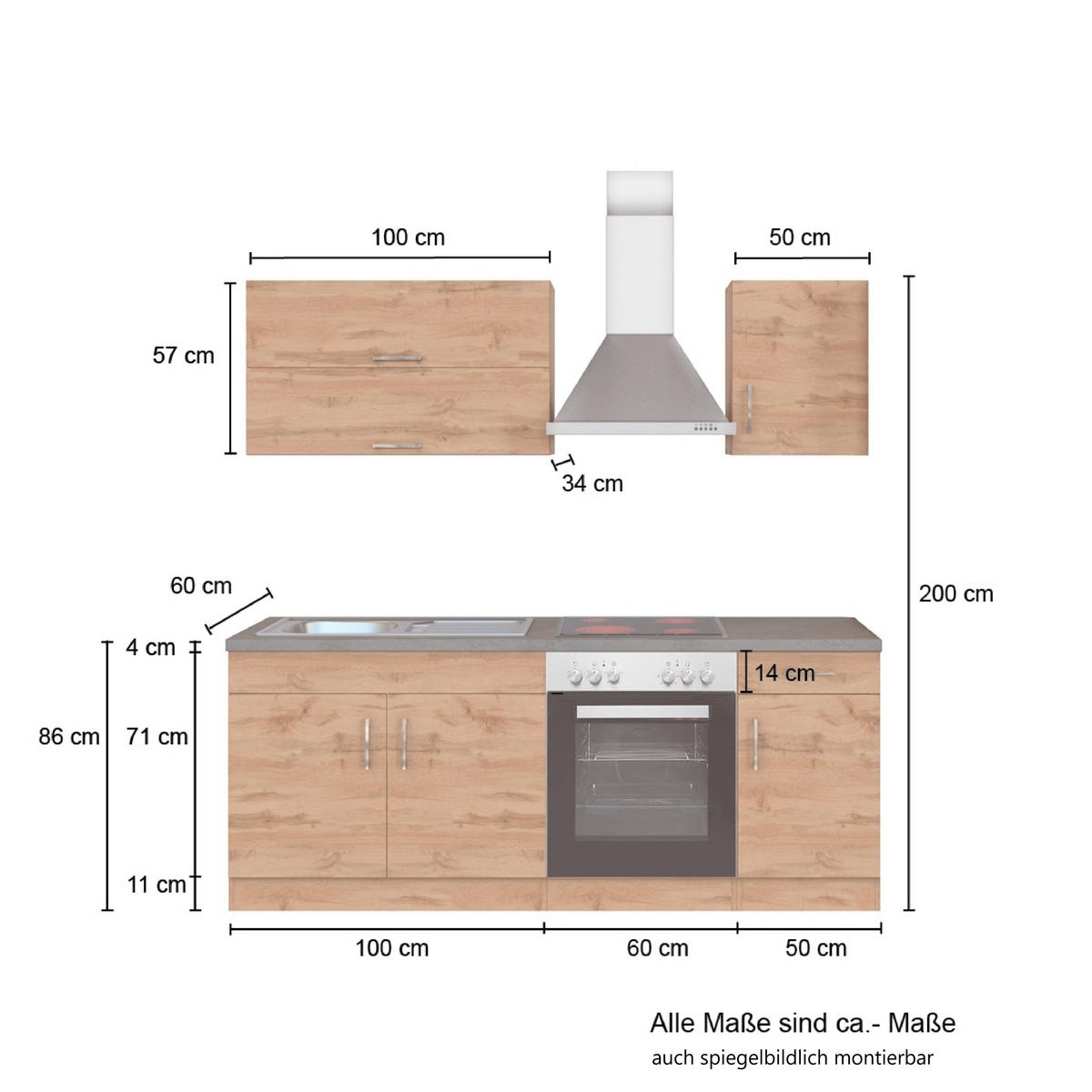 KÜCHENBLOCK 210 cm   in Weiss, Eiche Wotan  - Chromfarben/Weiss, Modern, Holzwerkstoff/Metall (210cm) - Held
