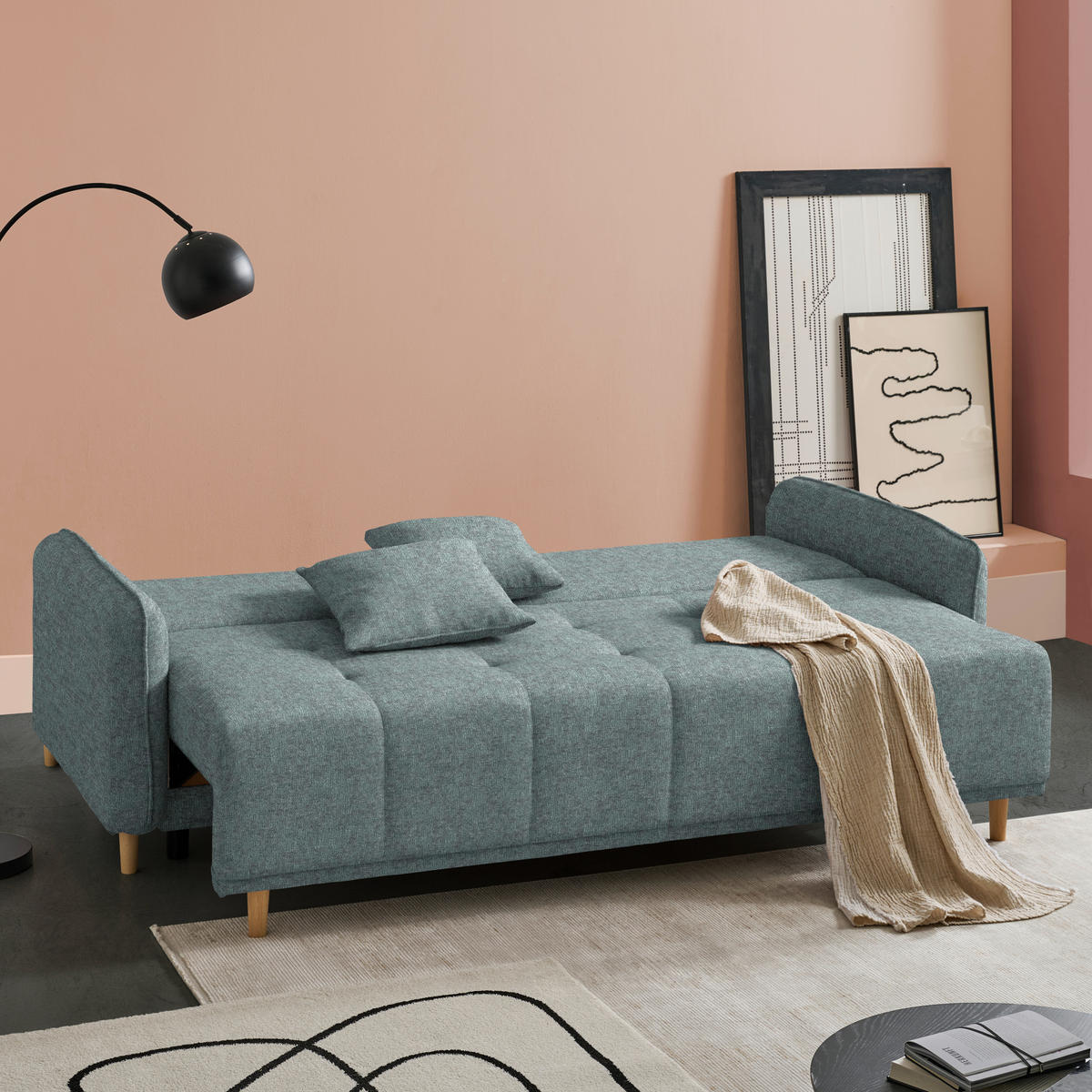 SCHLAFSOFA  in Chenille Mintgrau  - Mintgrau/Buchefarben, Design, Holz/Textil (217/97/101cm) - Carryhome
