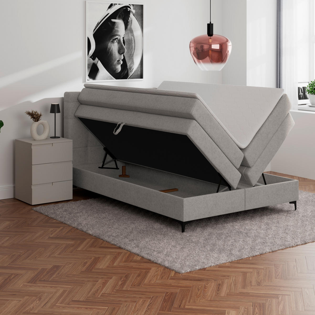 BOXSPRINGBETT 140/200 cm,  in Lavagrau, H3 = fest  - Lavagrau/Schwarz, KONVENTIONELL, Kunststoff/Textil (140/200cm)