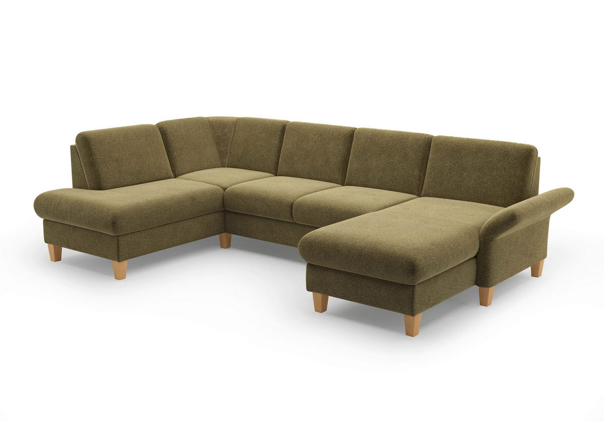 WOHNLANDSCHAFT Olivgrün Flachgewebe  - Eichefarben/Olivgrün, KONVENTIONELL, Holz/Textil (195/314/164cm) - Sit & More