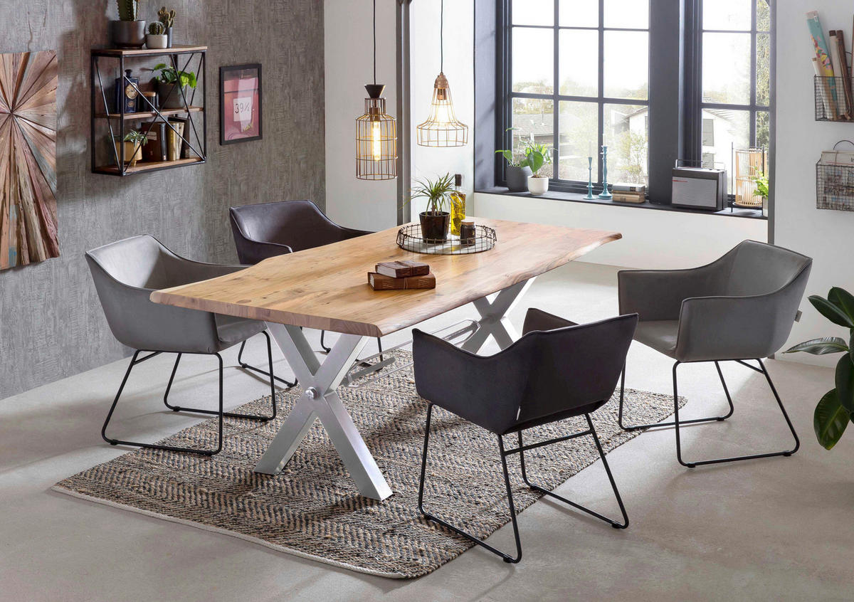 ESSTISCH 200/100/78 cm Echtholz  Holz, Metall rechteckig Naturfarben, Silberfarben  - Silberfarben/Naturfarben, MODERN, Holz/Metall (200/100/78cm) - MID.YOU