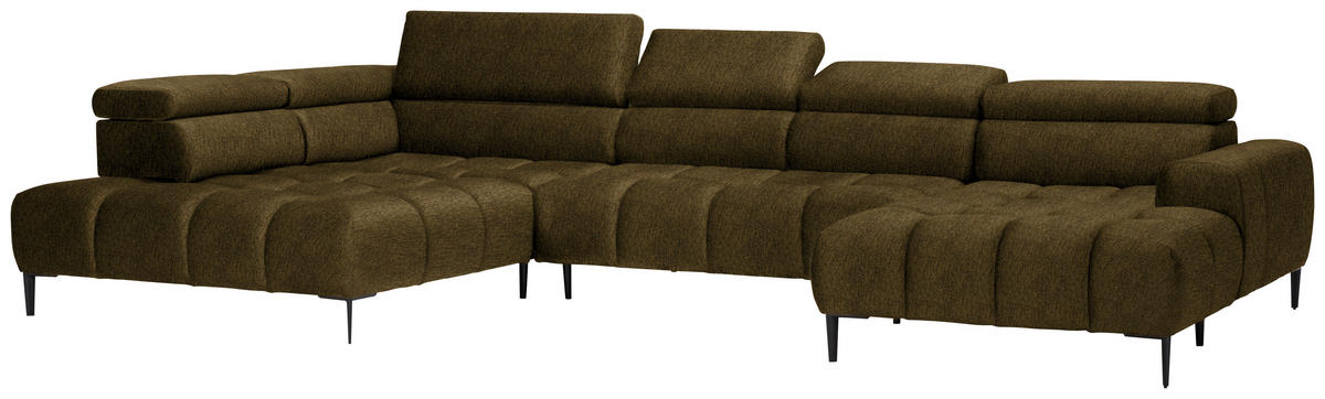 WOHNLANDSCHAFT in Samt, Webstoff Olivgrün  - Schwarz/Olivgrün, Design, Textil/Metall (216/385/177cm) - Welnova