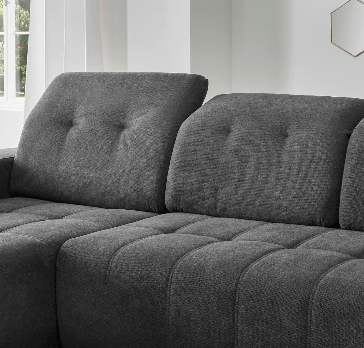 ECKSOFA VICARI Anthrazit Mikrofaser Kopfteilverstellung, Sitzvorzug  - Anthrazit/Schwarz, MODERN, Textil/Metall (185/292cm) - Livetastic