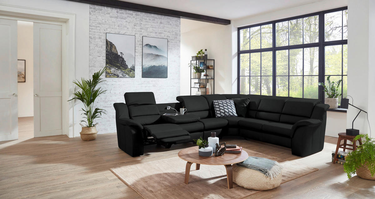 ECKSOFA  in Echtleder Schwarz  324/260 cm  - Chromfarben/Schwarz, KONVENTIONELL, Leder/Kunststoff (324/260cm) - Cantus
