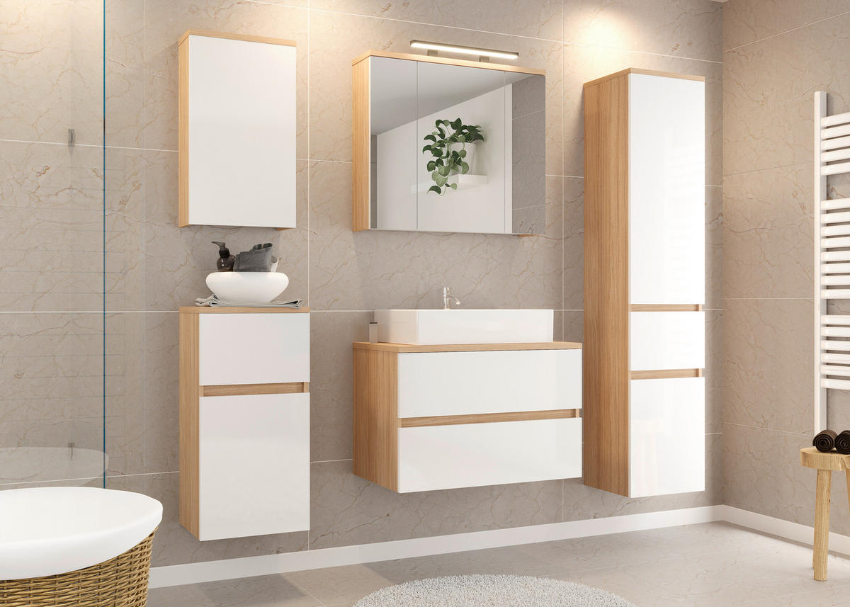 UMIVAL. ENOTA Z UMIVALNIKOM 80/67/47 cm  - bela/visoki sijaj, Basics, leseni material/keramika (80/67/47cm) - Ti'me