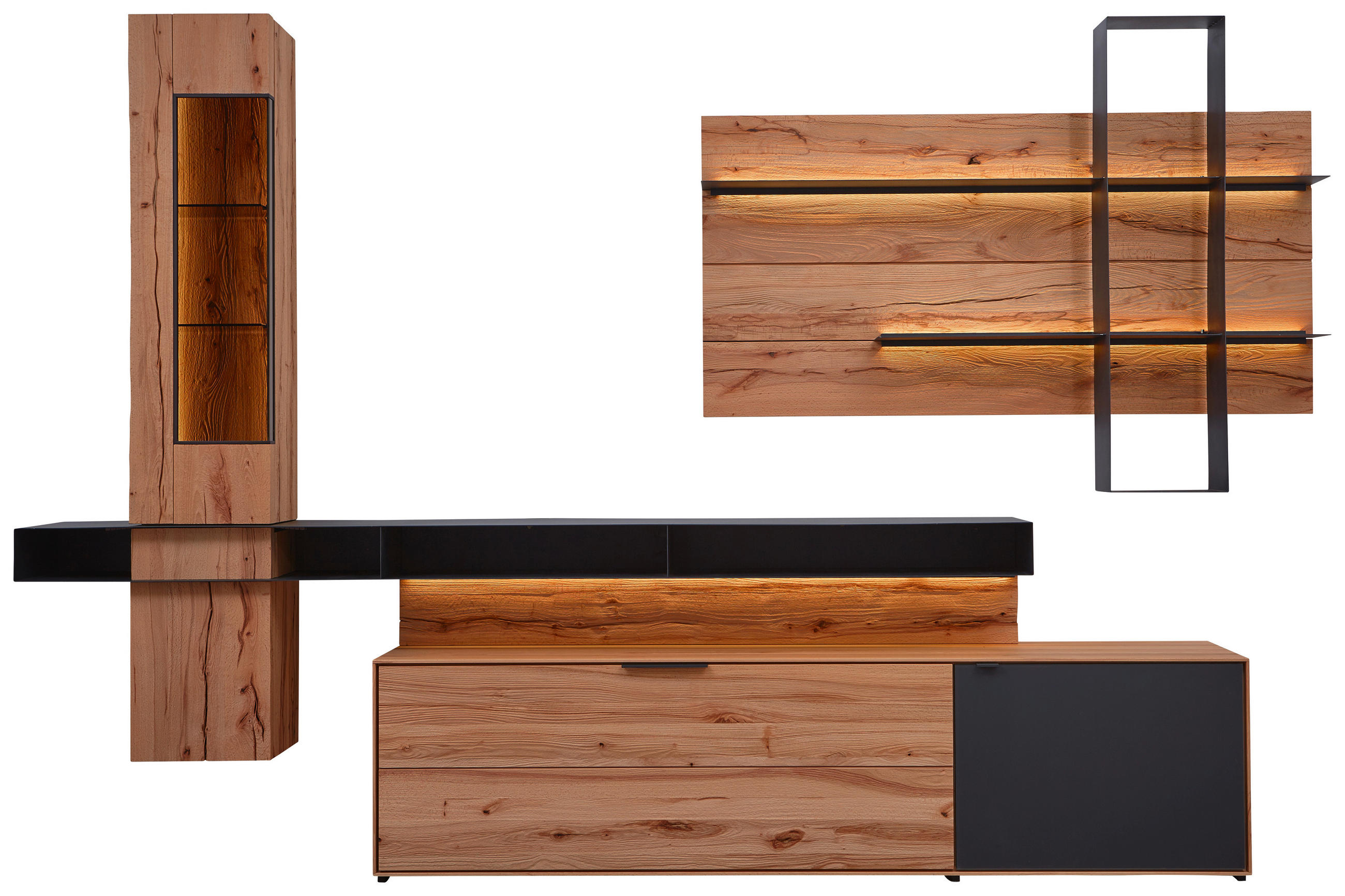 WOHNWAND  308/206/49 cm  in Anthrazit, Buchefarben  - Anthrazit/Buchefarben, Design, Glas/Holz (308/206/49cm) - Valnatura