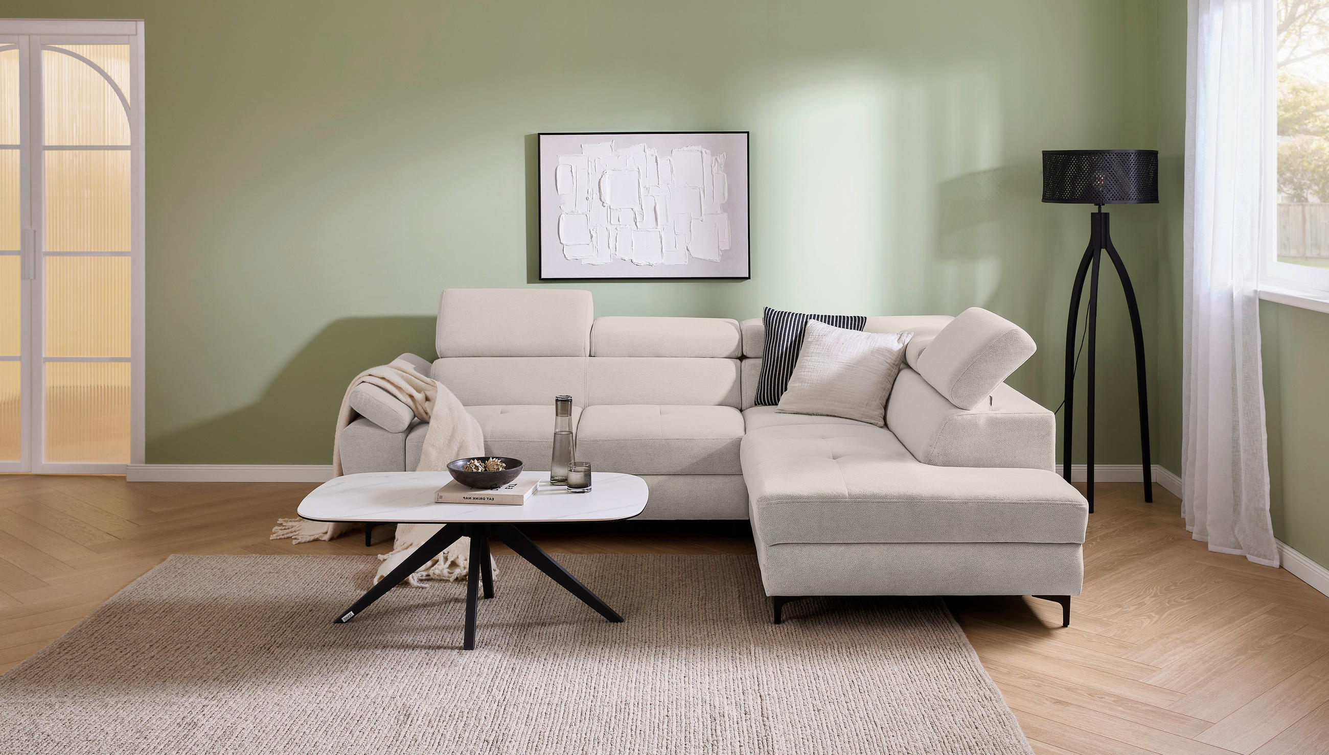 ECKSOFA in Flachgewebe Hellgrau  - Hellgrau/Schwarz, Design, Textil/Metall (266/206cm) - Stylife