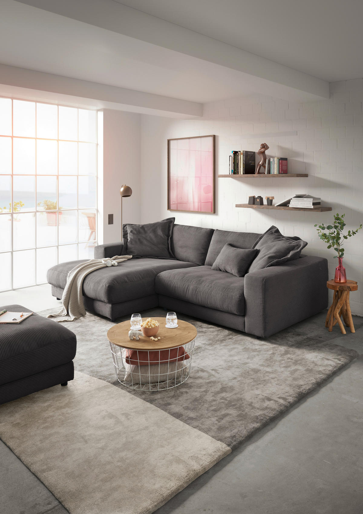 ECKSOFA in Cord Dunkelgrau  190/270 cm  - Dunkelgrau/Schwarz, Design, Kunststoff/Textil (190/270cm) - Lomoco