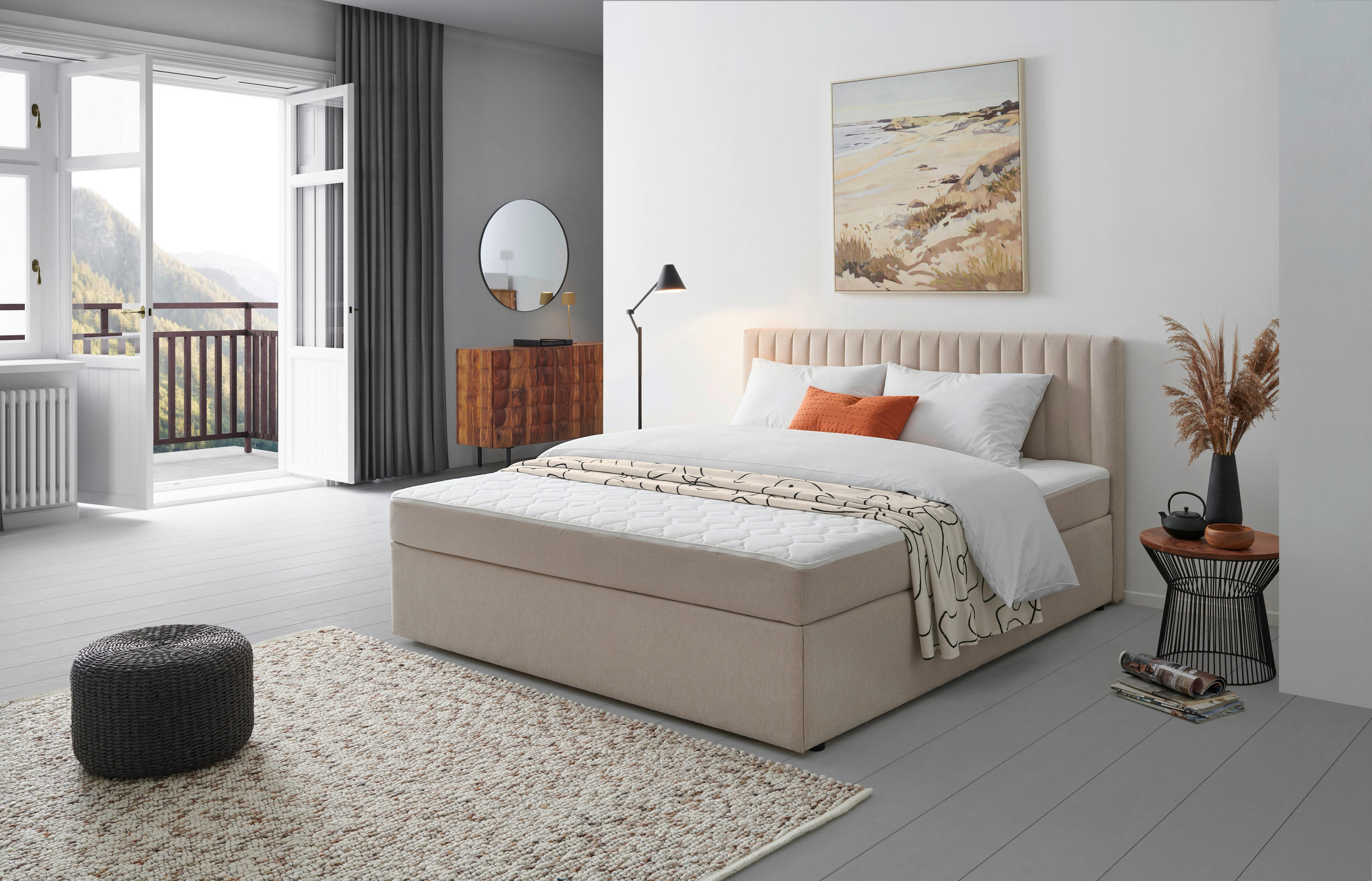 BOXBETT 160/200 cm,  in Creme, H3 + H3 = fest  - Creme, MODERN, Holz/Textil (160/200cm) - MID.YOU