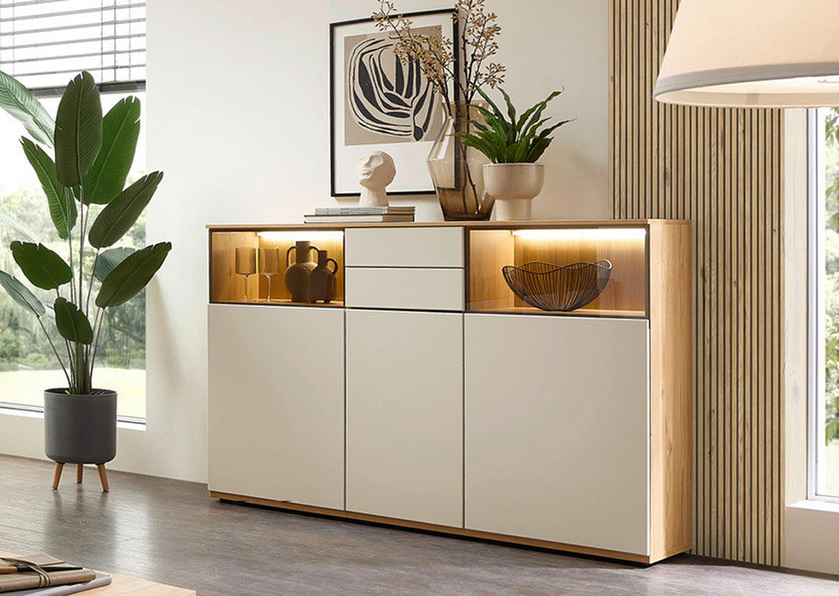 HIGHBOARD Eichefarben, Beige  165/116/40 cm  - Eichefarben/Beige, KONVENTIONELL, Glas/Holzwerkstoff (165/116/40cm) - Venda