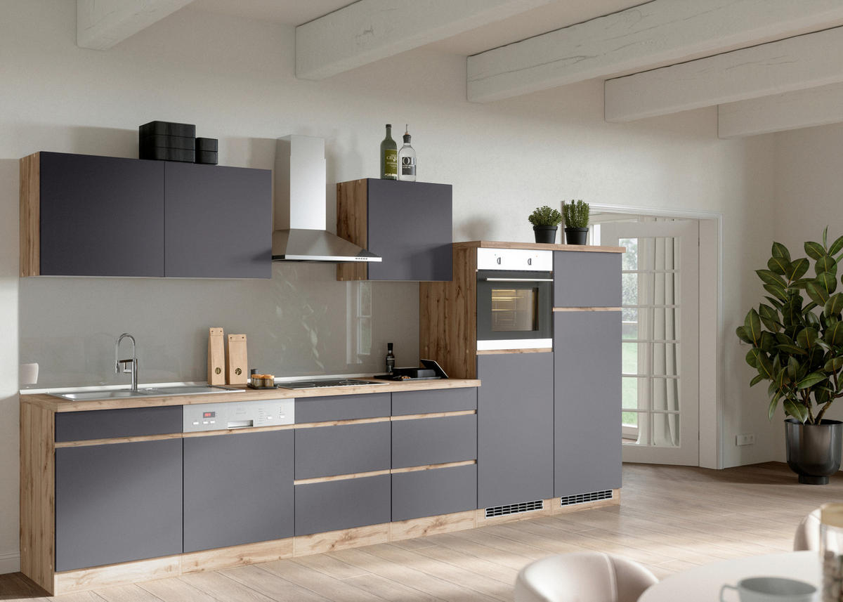 KÜCHENBLOCK 360 cm   in Grau, Eiche Wotan  - Eiche Wotan/Grau, Design, Holzwerkstoff (360cm) - Held