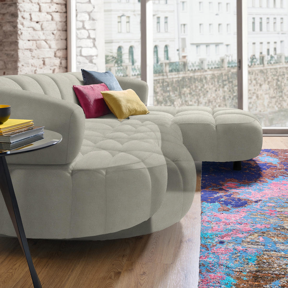 ECKSOFA in Webstoff Ecru  284/183 cm  - Ecru/Schwarz, Design, Holz/Textil (284/183cm) - Welnova