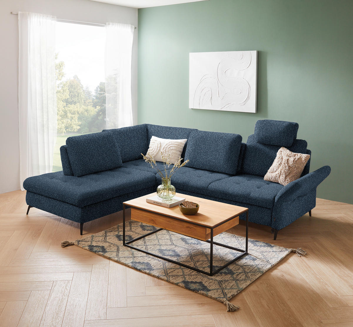ECKSOFA in Bouclé Blau  - Blau/Schwarz, Natur, Textil/Metall (233/288cm) - Valnatura