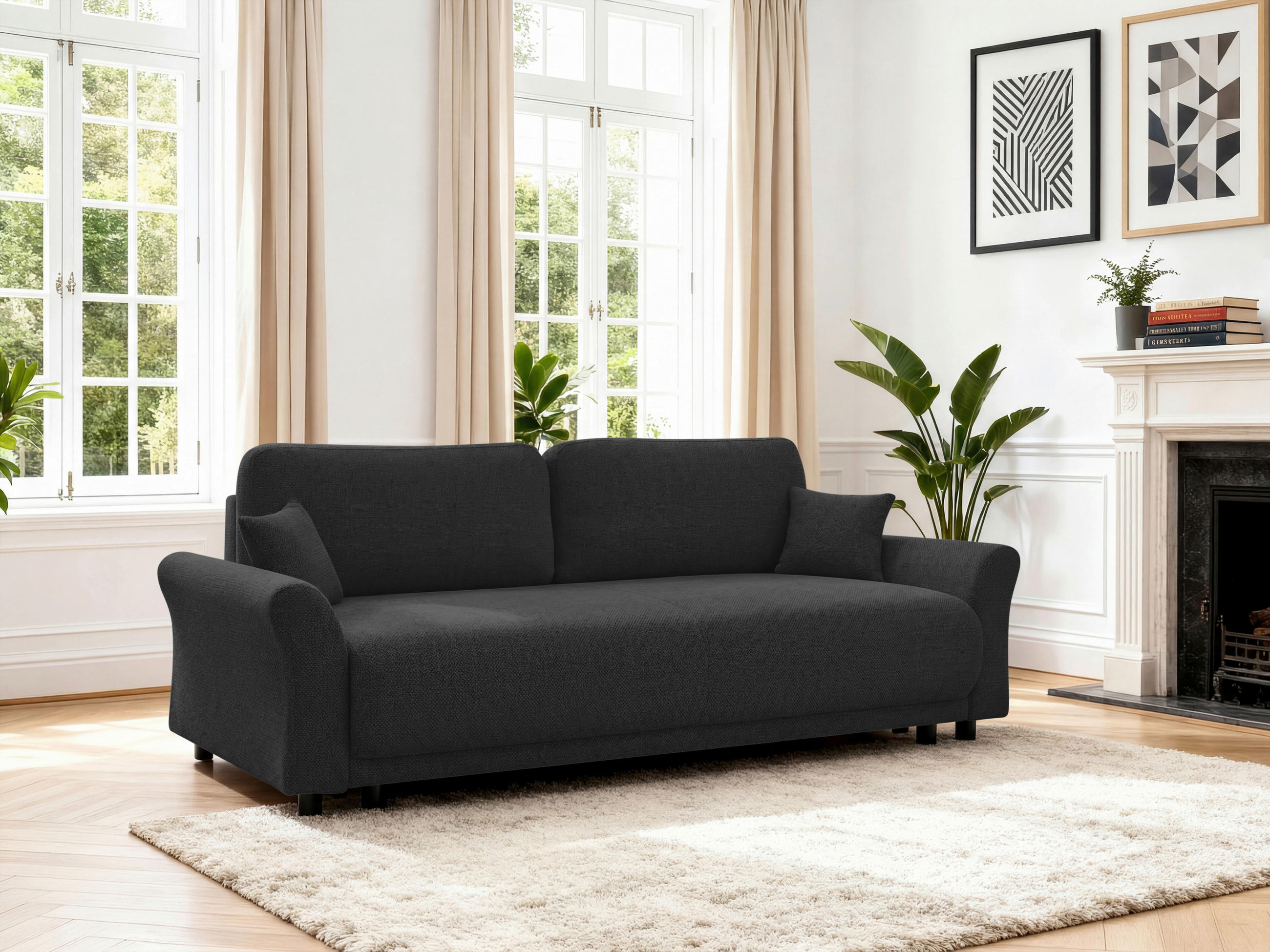 SCHLAFSOFA Flachgewebe, Struktur Schwarz  inkl. Zierkissen, Rückenkissen, Bettkasten, Schlaffunktion, Rücken echt  - Schwarz, Design, Textil (244/88/100cm) - P & B