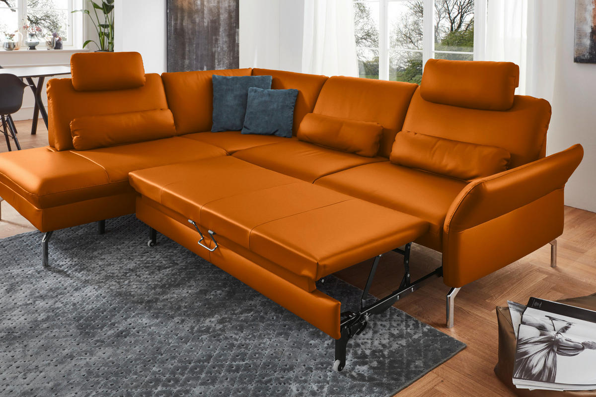 ECKSOFA in Echtleder Orange  220/284 cm  - Alufarben/Orange, KONVENTIONELL, Leder/Metall (220/284cm) - Beldomo Premium