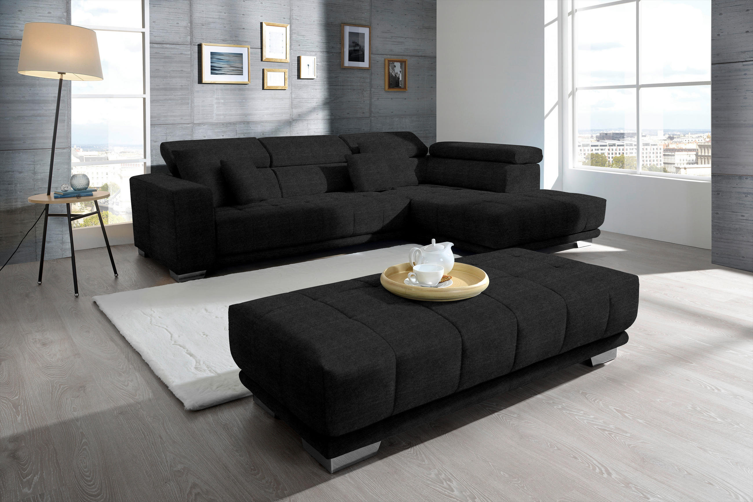 ECKSOFA in Mikrofaser Graphitfarben  - Chromfarben/Graphitfarben, Design, Textil/Metall (301/207cm) - Xora