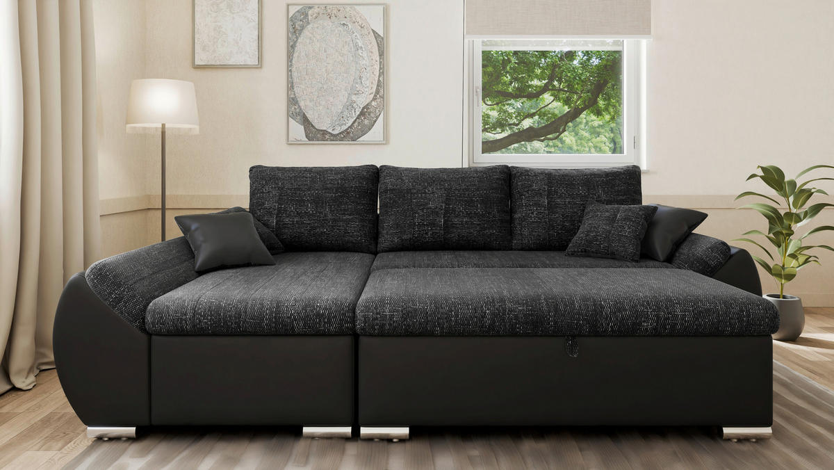 ECKSOFA, inkl. Hocker AURO in Schwarz Rücken echt, Hocker, Stauraum  275/155 cm  - Silberfarben/Schwarz, Design, Kunststoff/Textil (275/155cm) - MID.YOU