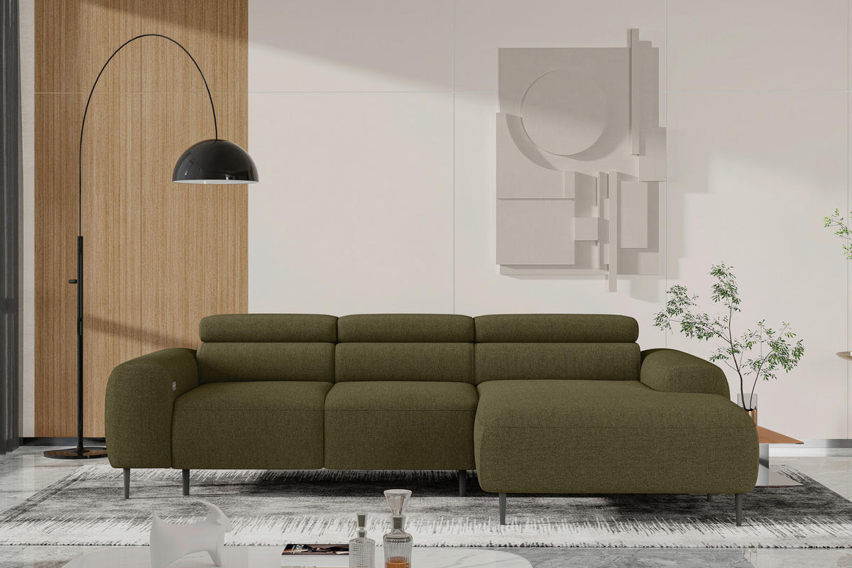 ECKSOFA Braun, Grün Struktur Rücken echt, Kopfteilverstellung, Sitztiefenverstellung  - Schwarz/Braun, MODERN, Textil/Metall (274/179cm) - Welnova