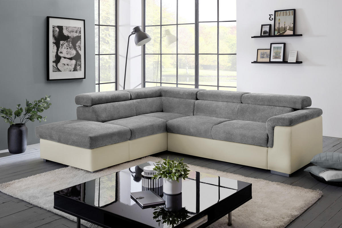ECKSOFA Anthrazit, Braun Lederlook, Flachgewebe  - Anthrazit/Braun, Basics, Holz/Textil (217/252cm) - MID.YOU