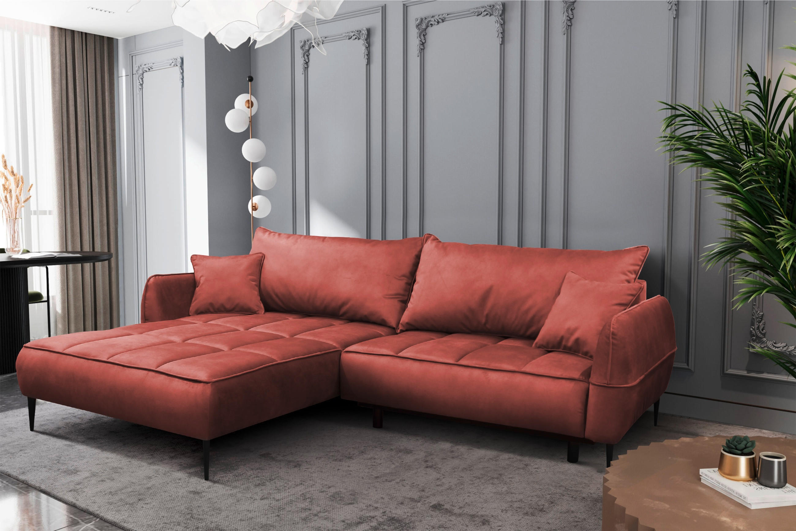 ECKSOFA in Velours Koralle  189/260 cm  - Koralle/Schwarz, Design, Textil/Metall (189/260cm) - MID.YOU