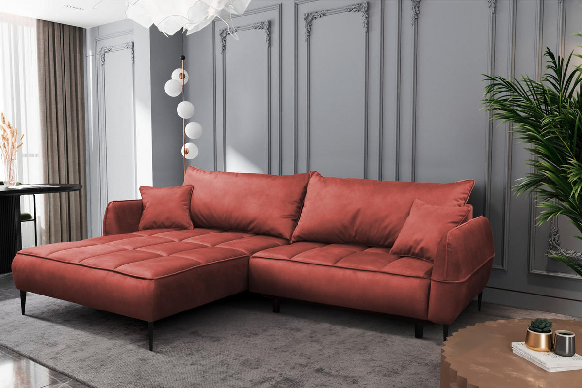 ECKSOFA in Velours Koralle  189/260 cm  - Koralle/Schwarz, Design, Textil/Metall (189/260cm) - MID.YOU