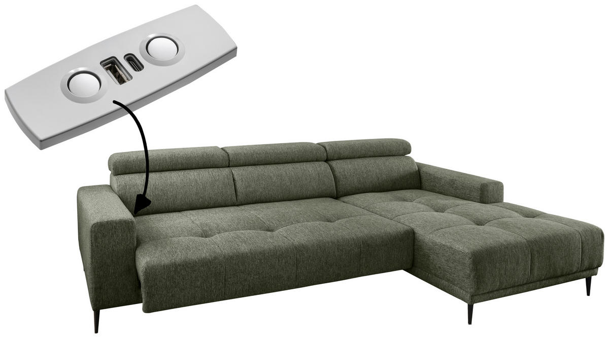 ECKSOFA Dunkelgrün Chenille  - Dunkelgrün/Schwarz, KONVENTIONELL, Textil/Metall (276/188cm) - Livetastic