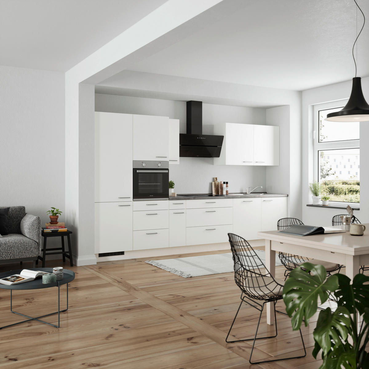 BUCĂTĂRIE FĂRĂ ELECTROCASNICE  - alb/culoare inox, Modern, metal/material pe bază de lemn (360cm) - Nobilia